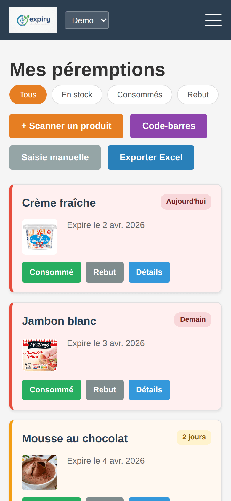 Expiry - liste des produits sur mobile